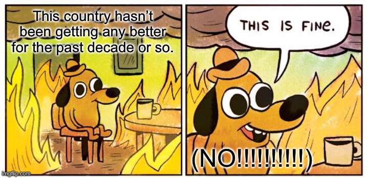 This Is Fine | This country hasn’t been getting any better for the past decade or so. (NO!!!!!!!!!!) | image tagged in memes,this is fine | made w/ Imgflip meme maker