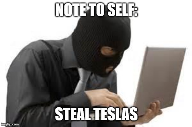 ridiculous hacker | NOTE TO SELF: STEAL TESLAS | image tagged in ridiculous hacker | made w/ Imgflip meme maker