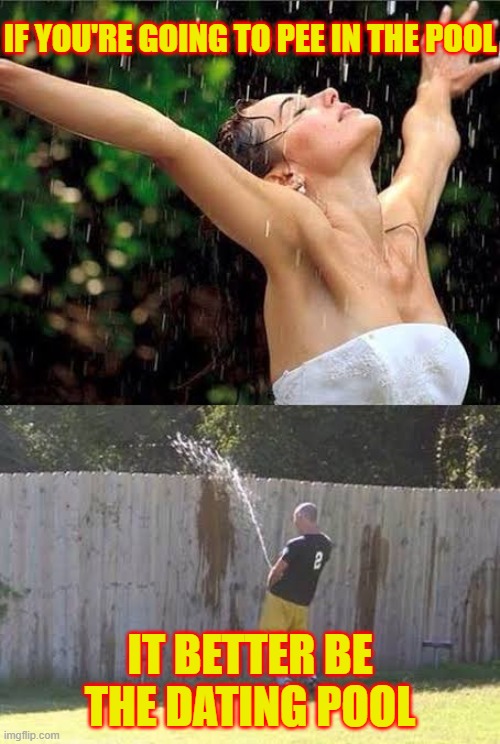 Peeing in The Dating Pool | IF YOU'RE GOING TO PEE IN THE POOL; IT BETTER BE THE DATING POOL | image tagged in peeing over the fence,memes,funny,funny memes,hilarious | made w/ Imgflip meme maker