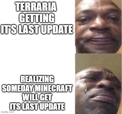 Depression by games | TERRARIA 
GETTING IT'S LAST UPDATE; REALIZING SOMEDAY MINECRAFT WILL GET ITS LAST UPDATE | image tagged in black guy crying,depression | made w/ Imgflip meme maker