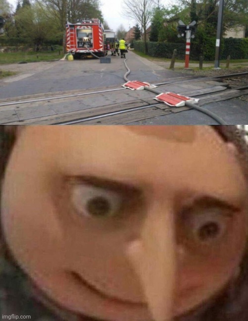This doesn't look like a good idea... | image tagged in gru meme,you had one job just the one,firetruck,train track,stupid ideas | made w/ Imgflip meme maker