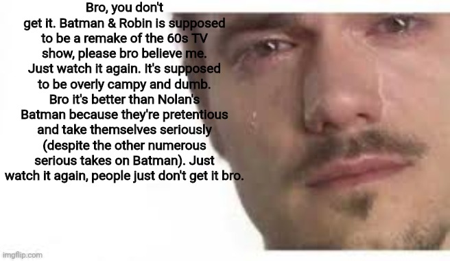 Batman & Robin apologists be like.. | Bro, you don't get it. Batman & Robin is supposed to be a remake of the 60s TV show, please bro believe me. Just watch it again. It's supposed to be overly campy and dumb. Bro it's better than Nolan's Batman because they're pretentious and take themselves seriously (despite the other numerous serious takes on Batman). Just watch it again, people just don't get it bro. | image tagged in bro please bro,batmanandrobin,batman,dc comics | made w/ Imgflip meme maker