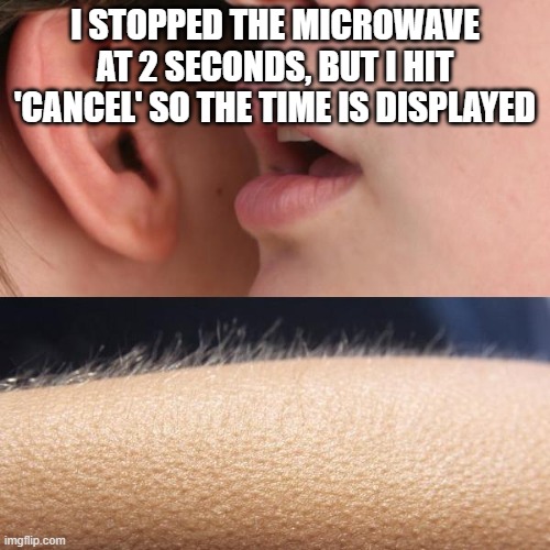 Whisper and Goosebumps | I STOPPED THE MICROWAVE AT 2 SECONDS, BUT I HIT 'CANCEL' SO THE TIME IS DISPLAYED | image tagged in whisper and goosebumps | made w/ Imgflip meme maker