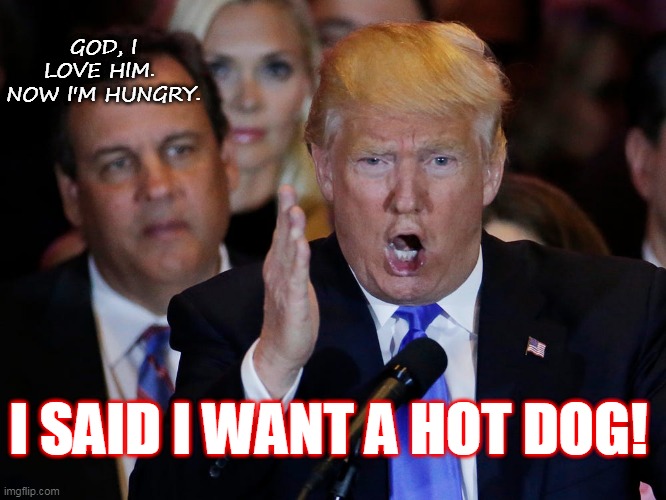 Trump wants a hot dog | GOD, I LOVE HIM.  NOW I'M HUNGRY. I SAID I WANT A HOT DOG! | image tagged in trump hot dog,chris christie,maga,hot dog,i'm hungry | made w/ Imgflip meme maker