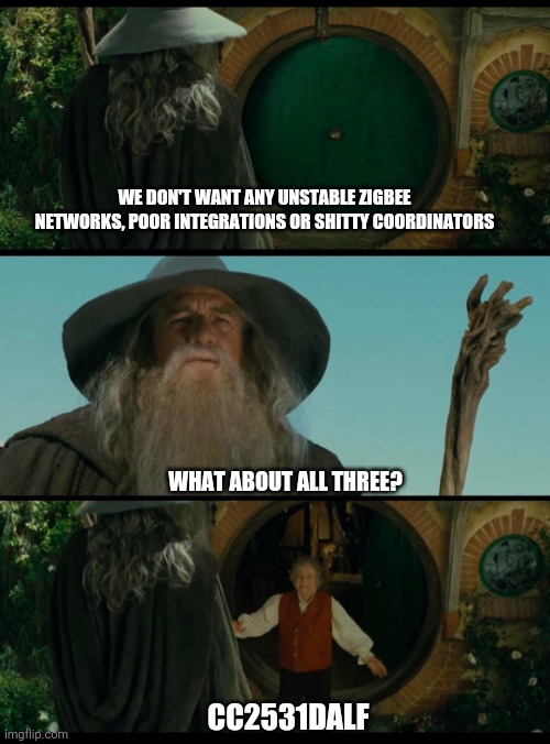 Gandalf bilbo | WE DON'T WANT ANY UNSTABLE ZIGBEE NETWORKS, POOR INTEGRATIONS OR SHITTY COORDINATORS; WHAT ABOUT ALL THREE? CC2531DALF | image tagged in gandalf bilbo | made w/ Imgflip meme maker