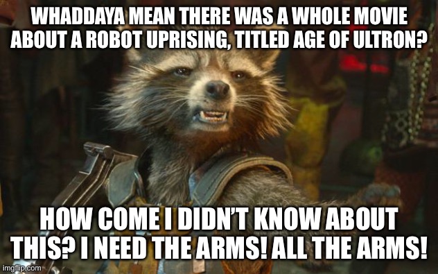 Rocket Raccoon | WHADDAYA MEAN THERE WAS A WHOLE MOVIE ABOUT A ROBOT UPRISING, TITLED AGE OF ULTRON? HOW COME I DIDN’T KNOW ABOUT THIS? I NEED THE ARMS! ALL THE ARMS! | image tagged in rocket raccoon | made w/ Imgflip meme maker