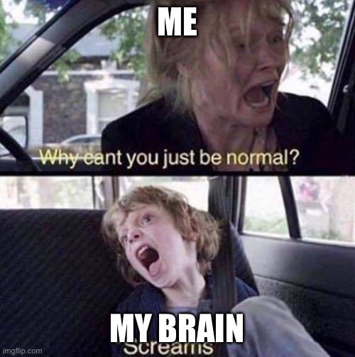 Why Can't You Just Be Normal | ME; MY BRAIN | image tagged in why can't you just be normal | made w/ Imgflip meme maker