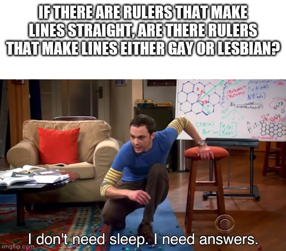 I Don't Need Sleep. I Need Answers | IF THERE ARE RULERS THAT MAKE LINES STRAIGHT, ARE THERE RULERS THAT MAKE LINES EITHER GAY OR LESBIAN? | image tagged in i don't need sleep i need answers,memes | made w/ Imgflip meme maker