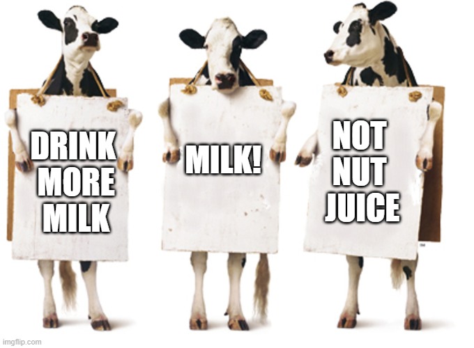 Drink More Milk, Not Nut Juice |  MILK! NOT 
NUT 
JUICE; DRINK 
MORE
MILK | image tagged in chick-fil-a 3-cow billboard | made w/ Imgflip meme maker