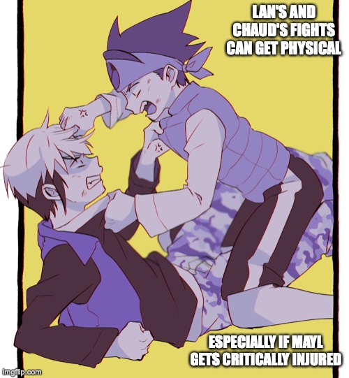 Lan's and Chaud's Physical Fight | LAN'S AND CHAUD'S FIGHTS CAN GET PHYSICAL; ESPECIALLY IF MAYL GETS CRITICALLY INJURED | image tagged in lan hikari,eugene chaud,memes,megaman,megaman battle network | made w/ Imgflip meme maker