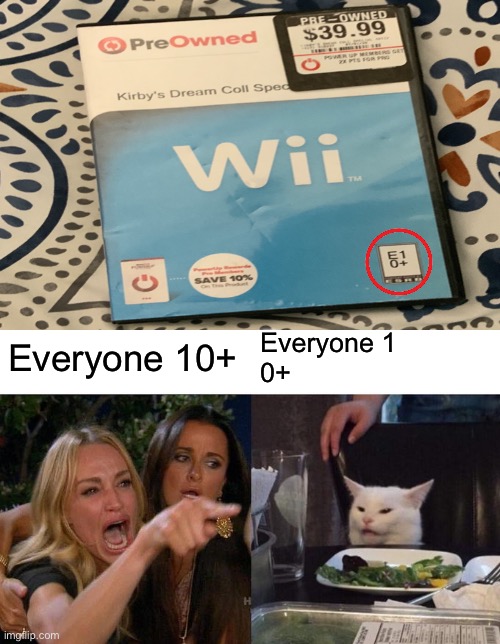 Imagine a 2 year old playing this |  Everyone 10+; Everyone 1
0+ | image tagged in memes,woman yelling at cat,age rating,esrb,design fail,kirby | made w/ Imgflip meme maker