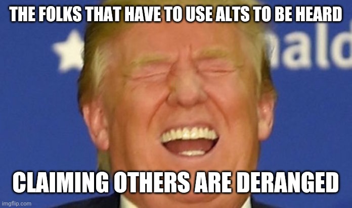 Trump laughing | THE FOLKS THAT HAVE TO USE ALTS TO BE HEARD CLAIMING OTHERS ARE DERANGED | image tagged in trump laughing | made w/ Imgflip meme maker