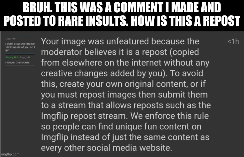 It's literally an insult I dud to illumina | BRUH. THIS WAS A COMMENT I MADE AND POSTED TO RARE INSULTS. HOW IS THIS A REPOST | made w/ Imgflip meme maker