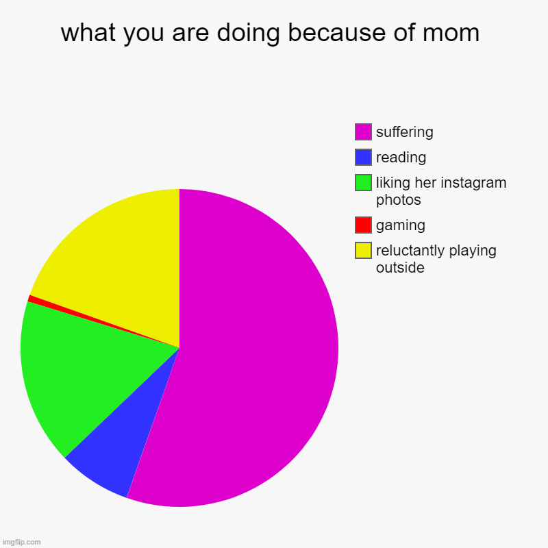 ._. | what you are doing because of mom | reluctantly playing outside, gaming, liking her instagram photos, reading, suffering | image tagged in charts,pie charts | made w/ Imgflip chart maker