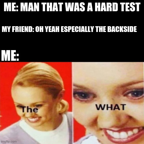 The What | ME: MAN THAT WAS A HARD TEST; MY FRIEND: OH YEAH ESPECIALLY THE BACKSIDE; ME: | image tagged in the what | made w/ Imgflip meme maker