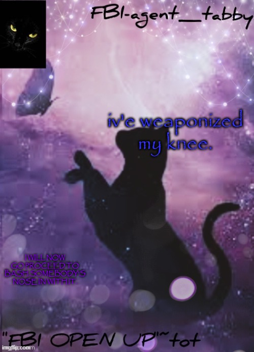 *thrusts into head* WEPON OF DESTRUCTION | iv'e weaponized my knee. I WILL NOW GO PROCEED TO BASH SOMEBODY'S NOSE IN WITH IT. | image tagged in fbi tabby's announcement temp | made w/ Imgflip meme maker