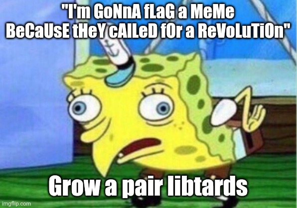 Mocking Spongebob | "I'm GoNnA fLaG a MeMe BeCaUsE tHeY cAlLeD fOr a ReVoLuTiOn"; Grow a pair libtards | image tagged in memes,mocking spongebob | made w/ Imgflip meme maker