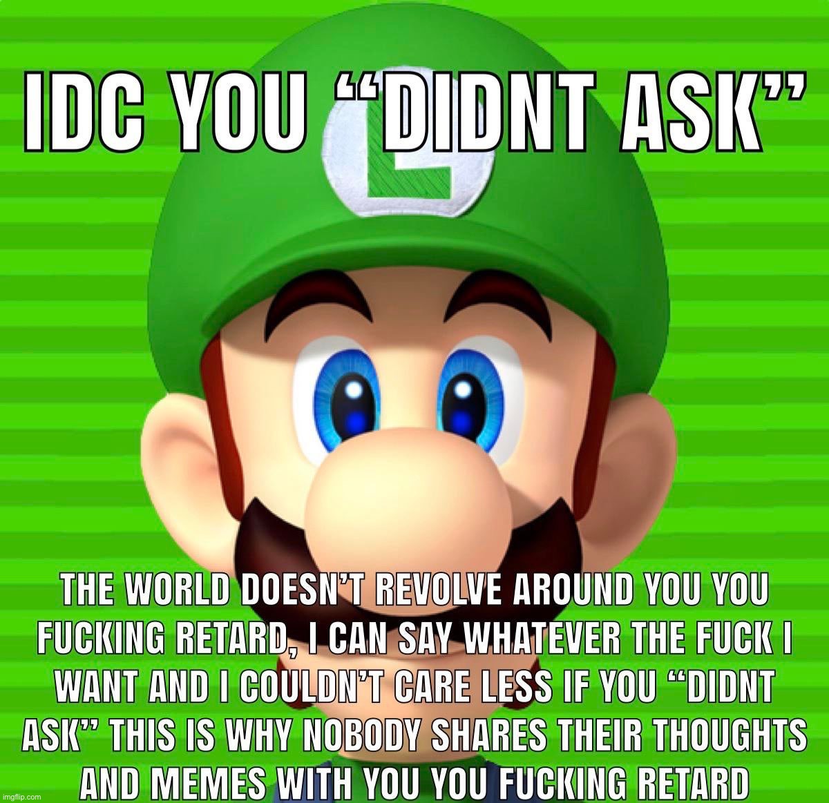 Idc you “didn’t ask” Luigi | image tagged in idc you didn t ask luigi | made w/ Imgflip meme maker