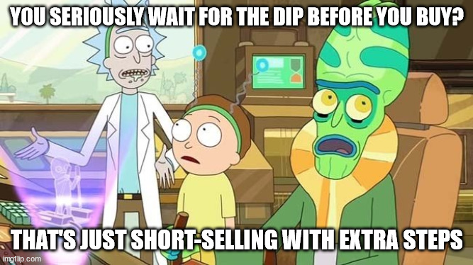Buy the dip | YOU SERIOUSLY WAIT FOR THE DIP BEFORE YOU BUY? THAT'S JUST SHORT-SELLING WITH EXTRA STEPS | image tagged in slavery with extra steps,amc,gme,squeeze,short selling | made w/ Imgflip meme maker