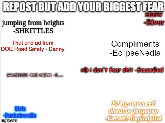 Being not cared about or forgotten
-Katsuki-ExplodyBoi | made w/ Imgflip meme maker