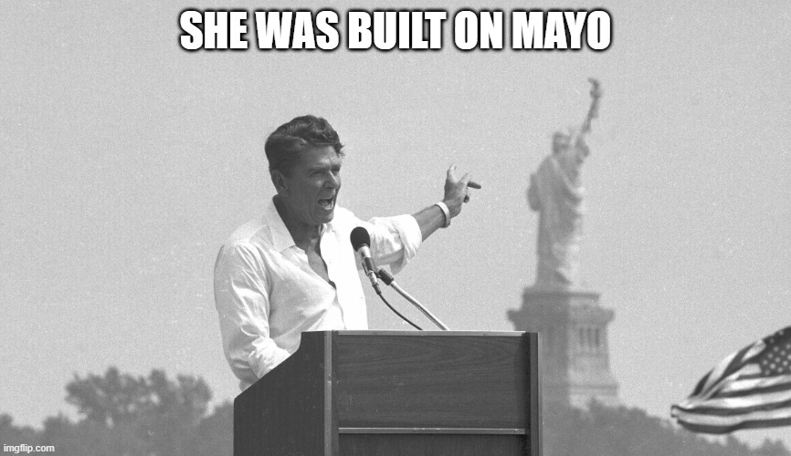 Ronald Reagan using 'maga' | SHE WAS BUILT ON MAYO | image tagged in ronald reagan using 'maga' | made w/ Imgflip meme maker