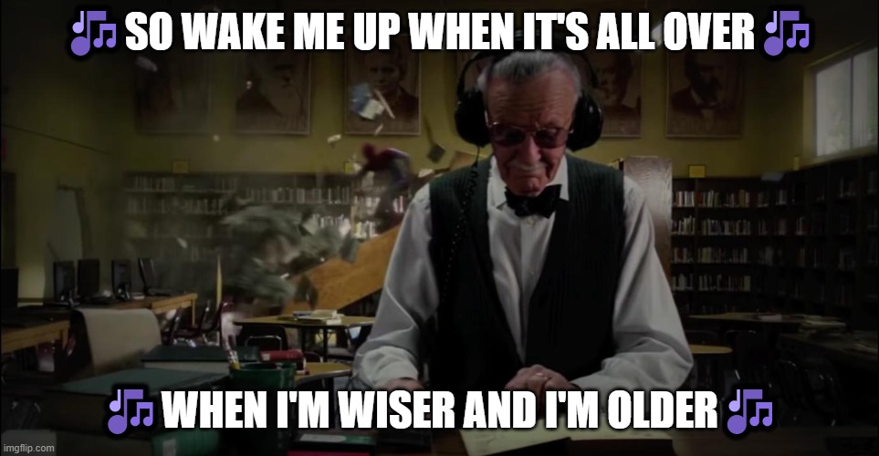 Stan lee oblivious | 🎶SO WAKE ME UP WHEN IT'S ALL OVER🎶; 🎶WHEN I'M WISER AND I'M OLDER🎶 | image tagged in stan lee oblivious,avicii,wake me up | made w/ Imgflip meme maker