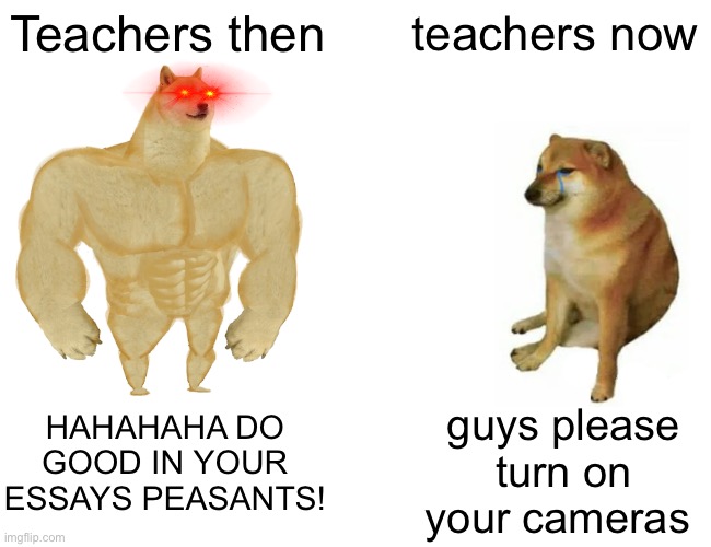 Buff Doge vs. Cheems | Teachers then; teachers now; HAHAHAHA DO GOOD IN YOUR ESSAYS PEASANTS! guys please turn on your cameras | image tagged in memes,buff doge vs cheems | made w/ Imgflip meme maker