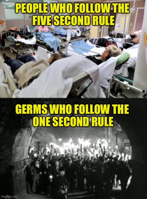 Rules of Thumb (Up or Down?) | PEOPLE WHO FOLLOW THE 
FIVE SECOND RULE; GERMS WHO FOLLOW THE 
ONE SECOND RULE | image tagged in five second rule,sick people,germs,villagers storming the castle | made w/ Imgflip meme maker