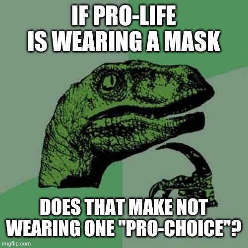 Philosoraptor Meme | IF PRO-LIFE IS WEARING A MASK DOES THAT MAKE NOT WEARING ONE "PRO-CHOICE"? | image tagged in memes,philosoraptor | made w/ Imgflip meme maker