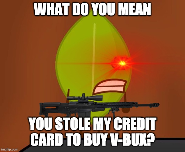 Don't Steal Leafy's Credit Card |  WHAT DO YOU MEAN; YOU STOLE MY CREDIT CARD TO BUY V-BUX? | image tagged in bfdi wat face,bfdi | made w/ Imgflip meme maker