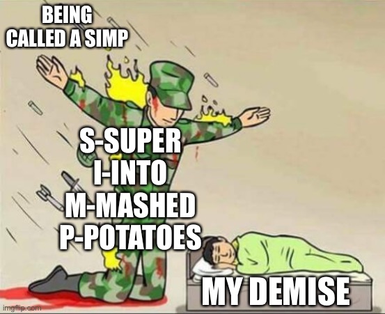 -I N S E R T T I T L E L A T E R- | BEING CALLED A SIMP; S-SUPER
I-INTO
M-MASHED
P-POTATOES; MY DEMISE | image tagged in soldier protecting sleeping child | made w/ Imgflip meme maker