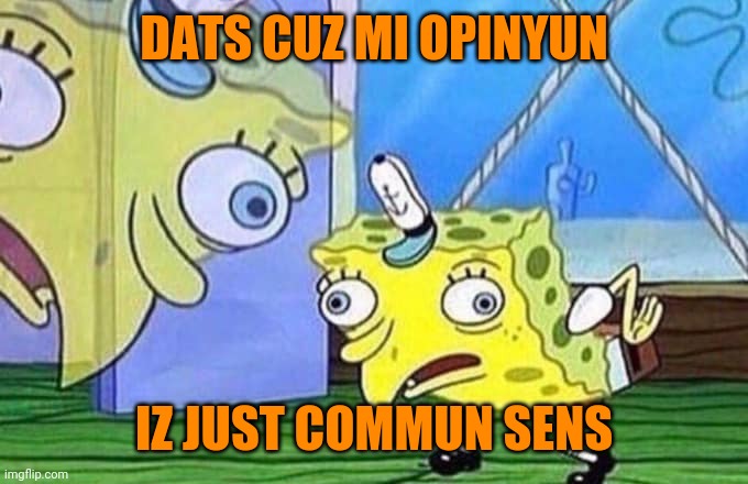Mocking Spongebob | DATS CUZ MI OPINYUN IZ JUST COMMUN SENS | image tagged in mocking spongebob | made w/ Imgflip meme maker