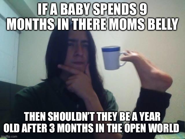 Hmmmm | IF A BABY SPENDS 9 MONTHS IN THERE MOMS BELLY; THEN SHOULDN’T THEY BE A YEAR OLD AFTER 3 MONTHS IN THE OPEN WORLD | image tagged in hmmmm | made w/ Imgflip meme maker