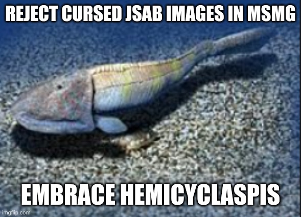 JOIN ME IN ENDING THE CURSED | REJECT CURSED JSAB IMAGES IN MSMG; EMBRACE HEMICYCLASPIS | image tagged in hemicyclaspis | made w/ Imgflip meme maker