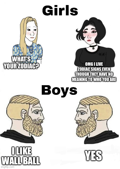 *joke | WHAT’S YOUR ZODIAC? OMG I LIVE ZODIAC SIGNS EVEN THOUGH THEY HAVE NO MEANING TO WHO YOU ARE; I LIKE WALL BALL; YES | image tagged in girls vs boys but with the right subtitles | made w/ Imgflip meme maker