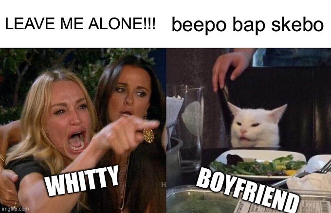 Woman Yelling At Cat Meme | LEAVE ME ALONE!!! beepo bap skebo; WHITTY; BOYFRIEND | image tagged in memes,woman yelling at cat | made w/ Imgflip meme maker