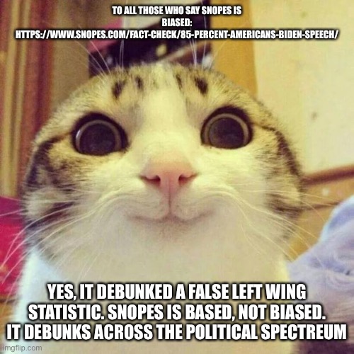 Smiling Cat | TO ALL THOSE WHO SAY SNOPES IS BIASED: HTTPS://WWW.SNOPES.COM/FACT-CHECK/85-PERCENT-AMERICANS-BIDEN-SPEECH/; YES, IT DEBUNKED A FALSE LEFT WING STATISTIC. SNOPES IS BASED, NOT BIASED. IT DEBUNKS ACROSS THE POLITICAL SPECTRUM | image tagged in memes,smiling cat | made w/ Imgflip meme maker