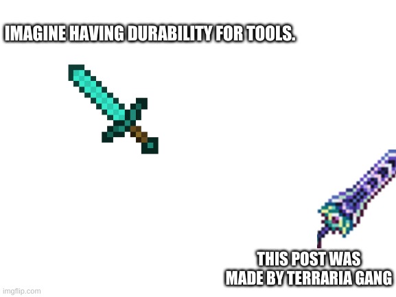 Blank White Template | IMAGINE HAVING DURABILITY FOR TOOLS. THIS POST WAS MADE BY TERRARIA GANG | image tagged in blank white template | made w/ Imgflip meme maker