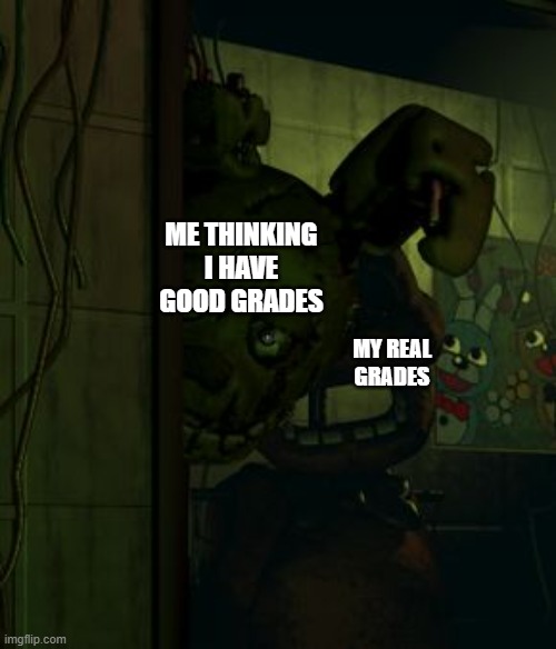 me at school | ME THINKING I HAVE GOOD GRADES; MY REAL GRADES | image tagged in springtrap in door | made w/ Imgflip meme maker