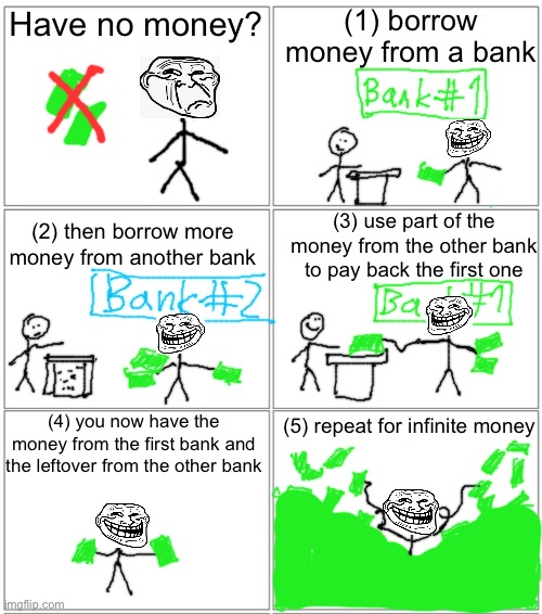 How to get infinite money | (1) borrow money from a bank; Have no money? (3) use part of the money from the other bank to pay back the first one; (2) then borrow more money from another bank; (4) you now have the money from the first bank and the leftover from the other bank; (5) repeat for infinite money | image tagged in 2x3 panel empty comic | made w/ Imgflip meme maker