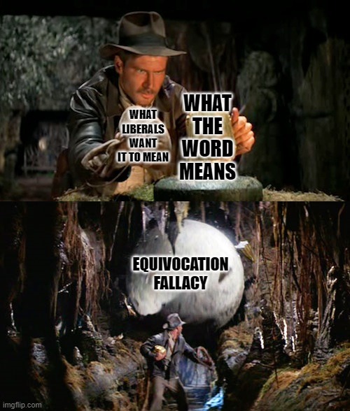 Indiana Jones Idol & Boulder | WHAT THE WORD MEANS; WHAT LIBERALS WANT IT TO MEAN; EQUIVOCATION FALLACY | image tagged in indiana jones idol boulder,master debator | made w/ Imgflip meme maker