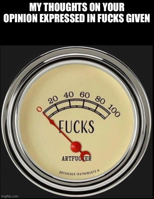 Fuck meter | MY THOUGHTS ON YOUR OPINION EXPRESSED IN FUCKS GIVEN | image tagged in fucks given,gauge | made w/ Imgflip meme maker