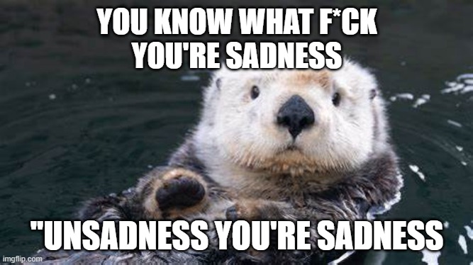 sea otter meme 1 | YOU KNOW WHAT F*CK
YOU'RE SADNESS; "UNSADNESS YOU'RE SADNESS | image tagged in memes | made w/ Imgflip meme maker