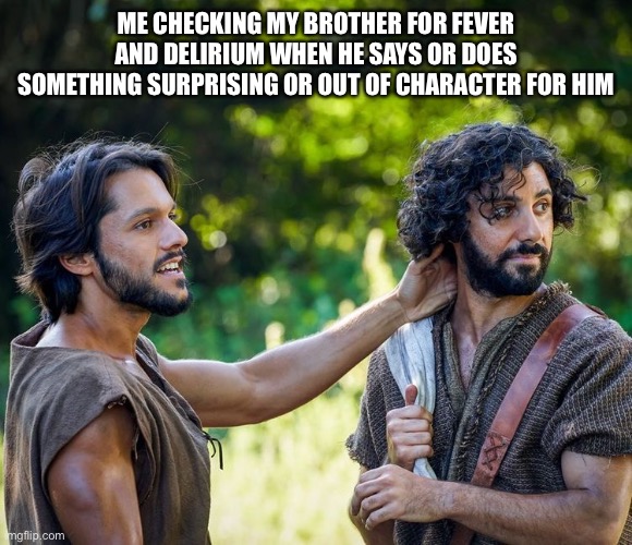 The Chosen |  ME CHECKING MY BROTHER FOR FEVER AND DELIRIUM WHEN HE SAYS OR DOES SOMETHING SURPRISING OR OUT OF CHARACTER FOR HIM | image tagged in the chosen,brothers,siblings,family | made w/ Imgflip meme maker