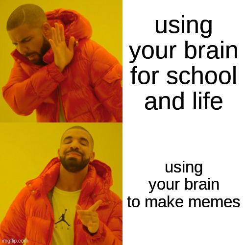 totally not doing this rn | using your brain for school and life; using your brain to make memes | image tagged in memes,drake hotline bling,funny,school | made w/ Imgflip meme maker
