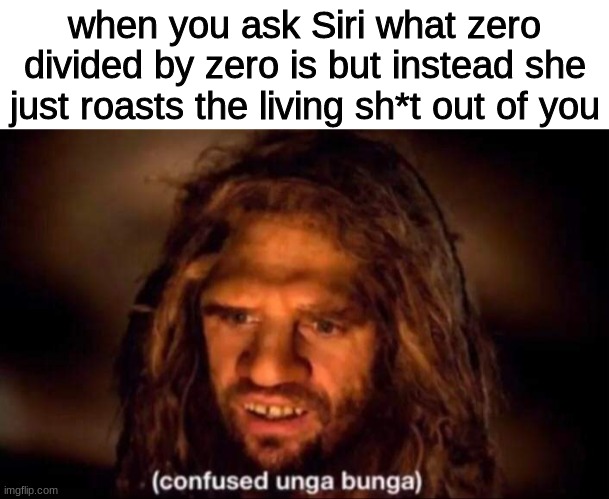 I don't like cookie monster anymore | when you ask Siri what zero divided by zero is but instead she just roasts the living sh*t out of you | image tagged in confused unga bunga,siri,funny memes,memes | made w/ Imgflip meme maker