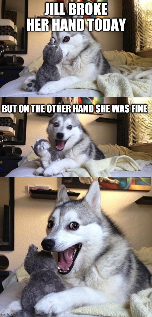 Bad Joke Dog | JILL BROKE HER HAND TODAY; BUT ON THE OTHER HAND SHE WAS FINE | image tagged in bad joke dog | made w/ Imgflip meme maker