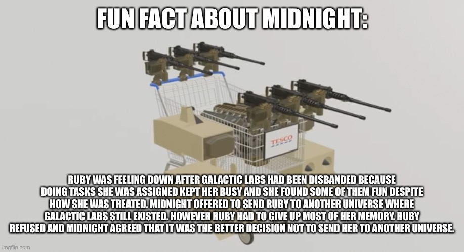 Midnight legitimately had this conversation with Ruby | FUN FACT ABOUT MIDNIGHT:; RUBY WAS FEELING DOWN AFTER GALACTIC LABS HAD BEEN DISBANDED BECAUSE DOING TASKS SHE WAS ASSIGNED KEPT HER BUSY AND SHE FOUND SOME OF THEM FUN DESPITE HOW SHE WAS TREATED. MIDNIGHT OFFERED TO SEND RUBY TO ANOTHER UNIVERSE WHERE GALACTIC LABS STILL EXISTED. HOWEVER RUBY HAD TO GIVE UP MOST OF HER MEMORY. RUBY REFUSED AND MIDNIGHT AGREED THAT IT WAS THE BETTER DECISION NOT TO SEND HER TO ANOTHER UNIVERSE. | made w/ Imgflip meme maker