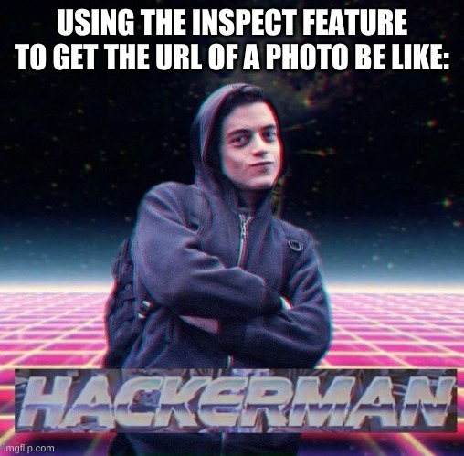 Hacks |  USING THE INSPECT FEATURE TO GET THE URL OF A PHOTO BE LIKE: | image tagged in hackerman | made w/ Imgflip meme maker