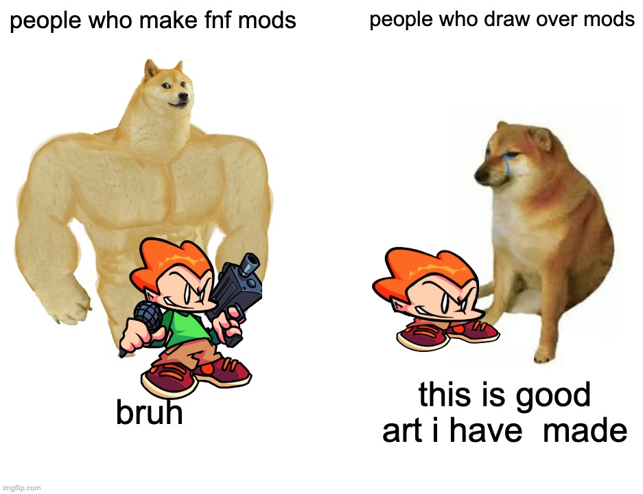 Buff Doge vs. Cheems Meme | people who make fnf mods; people who draw over mods; bruh; this is good art i have  made | image tagged in memes,buff doge vs cheems | made w/ Imgflip meme maker
